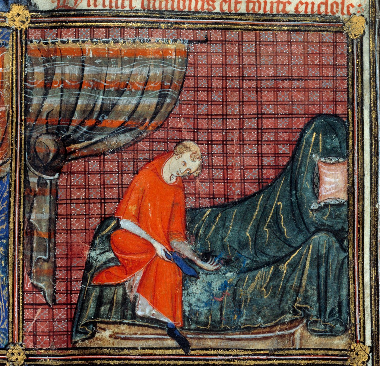 梦想，细节：情人礼服。 Jean de Meun、Jean de Meung 或 Jean Chopinel，Jean Clopinel (v.1240-1305)，约 1370 年的“罗马德拉玫瑰”微型图。尚蒂伊，孔德博物馆 作者 法语学校