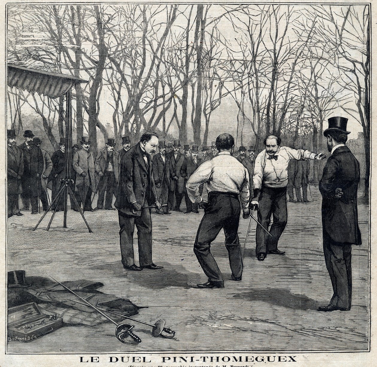 武器大师皮尼和托梅盖克斯在圣旺公园（Saint-Ouen）的决斗。在1897年3月28日的 "小巴黎人 "上。 作者 法语学校