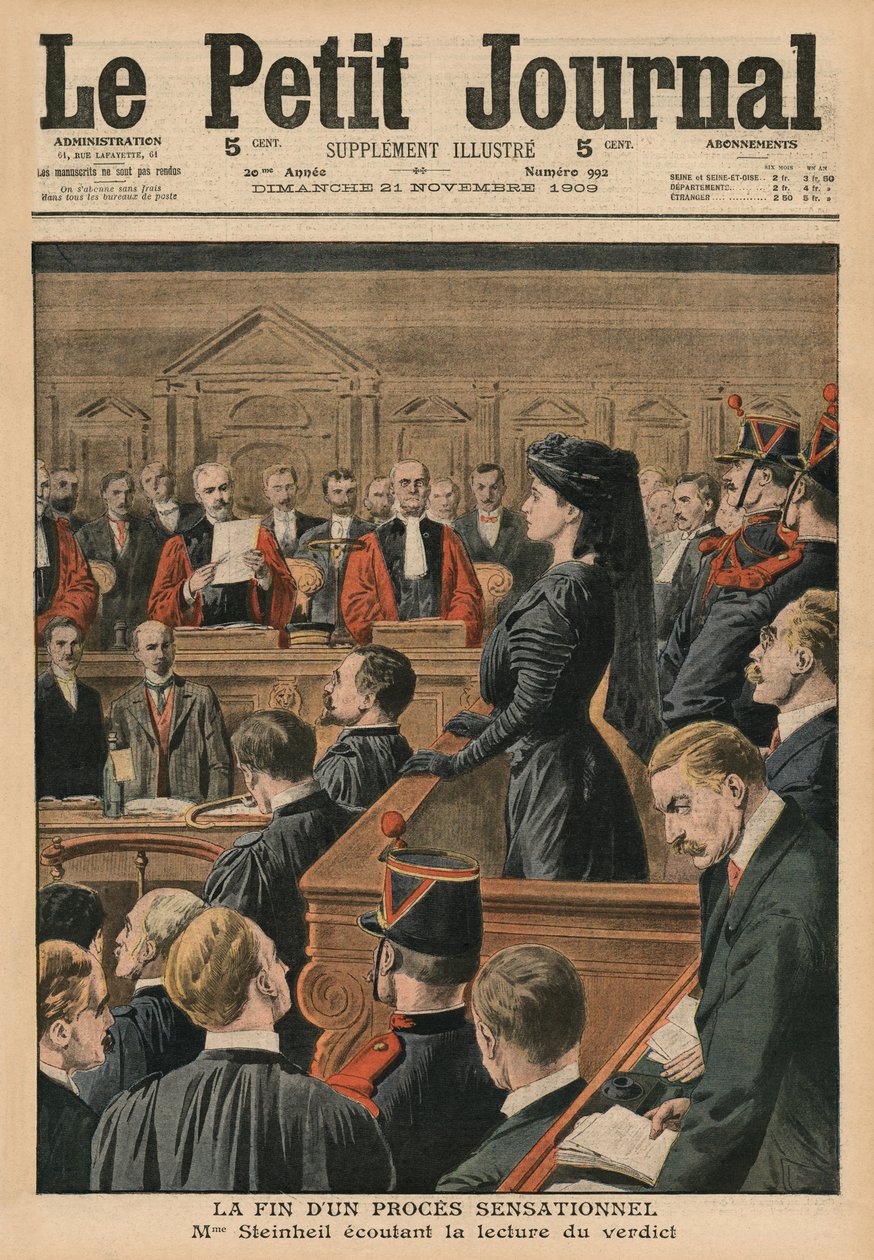 一场耸人听闻的审判结束，Marguerite Steinheil听取了判决，封面插图来自&39;Le Petit Journal&39;，补充说明，1909年11月21日 作者 法语学校