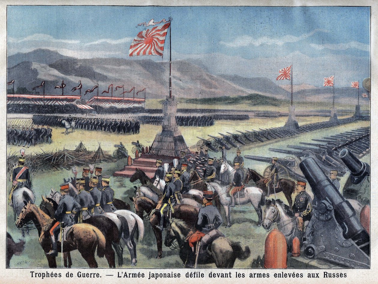 日俄冲突结束，日本胜利的军队坐在俄罗斯武器接管前，在“小巴黎”，24/06/1906（雕刻） 作者 法语学校