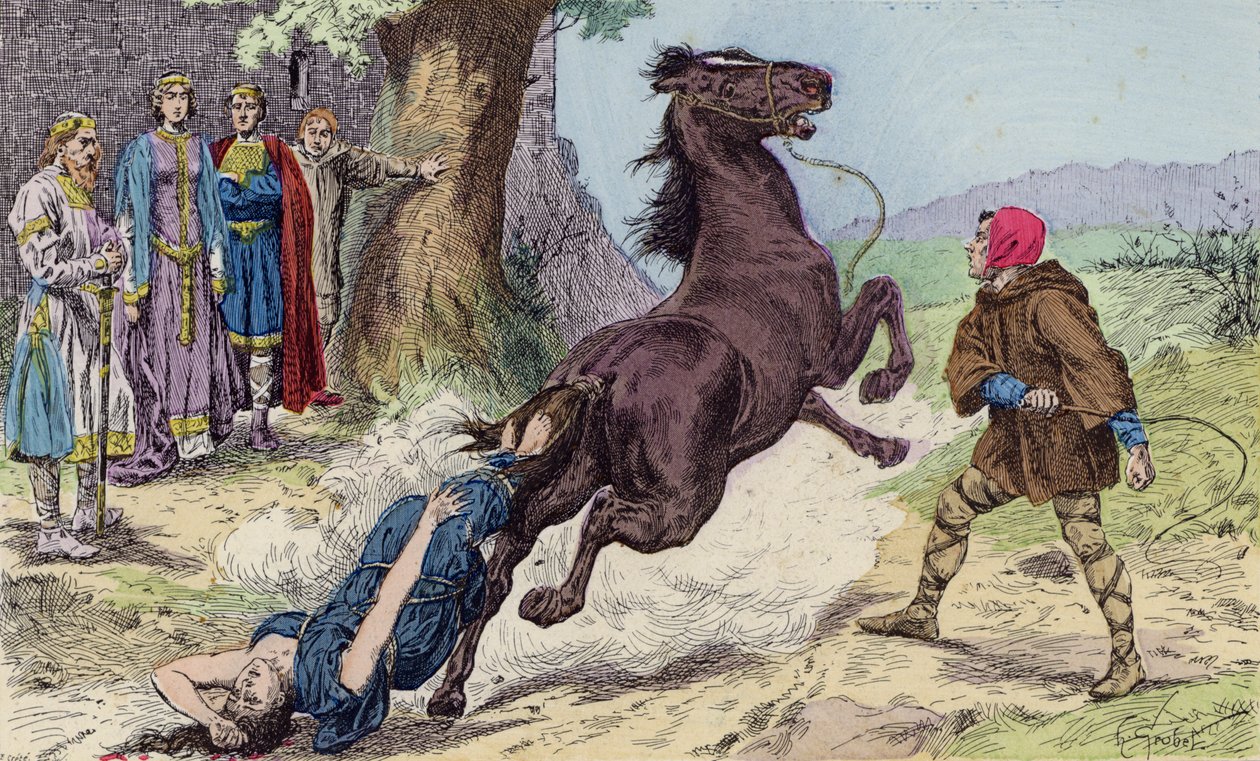 克洛塔尔二世处死奥斯特拉西亚的布伦希尔达，613 年（彩色石版画） 作者 法语学校