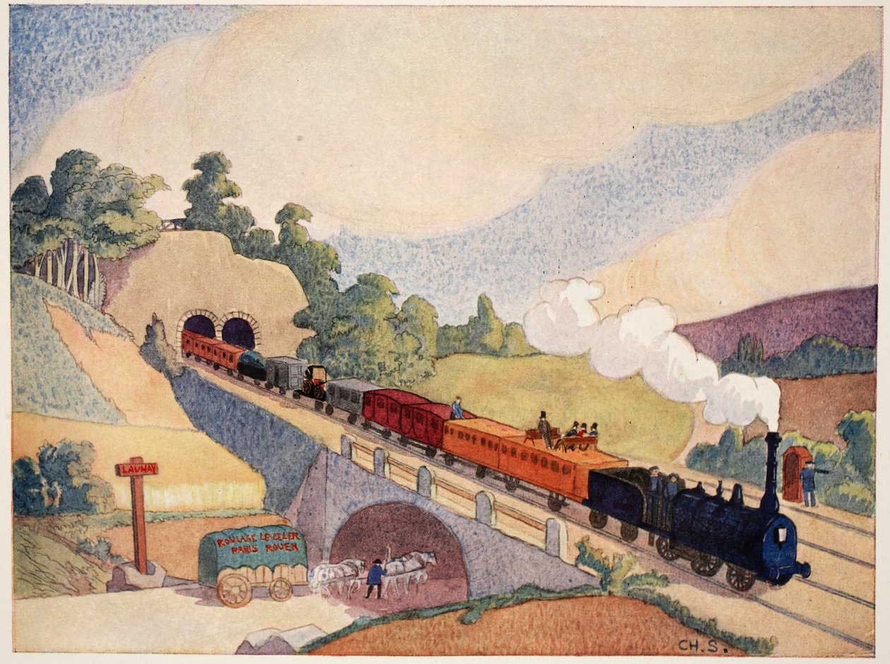 第一辆巴黎至鲁昂铁路，1837年邮票的副本，由M. Charles Sanlaville（fl.1920-30），法国历史的插图，由Gabriel Hanotaux（1853-1944），1924年 作者 法语学校