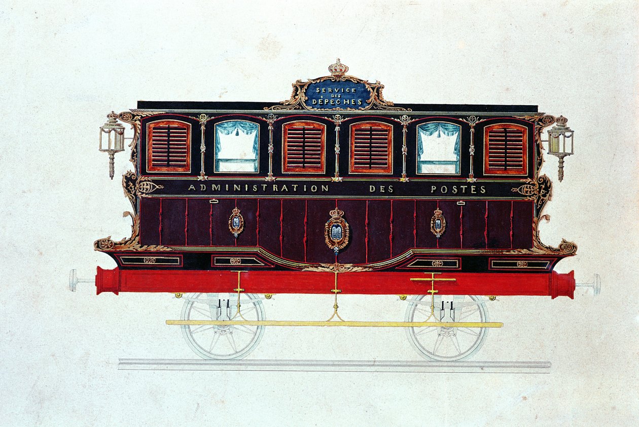法国的第一辆邮车，电话：1830-48（笔和墨水，纸上写着） 作者 法语学校