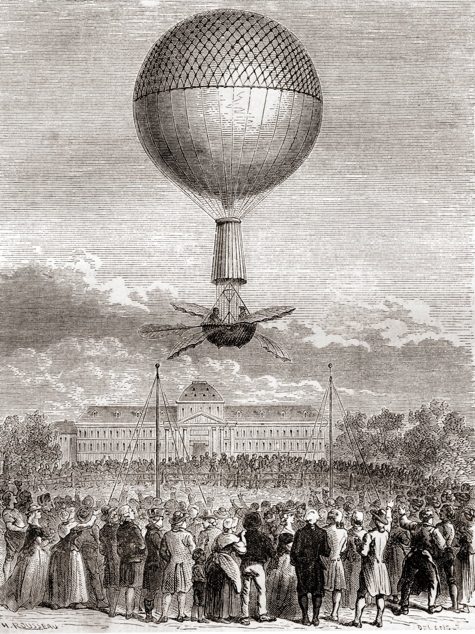 让-皮埃尔·弗朗索瓦·布兰查德 (Jean-Pierre François Blanchard) 于 1784 年 3 月 2 日首次成功飞行，乘坐氢气气球从法国巴黎的战神广场发射，来自 Les Merveilles de la Science，出版于 1870 年（雕刻） 作者 法语学校