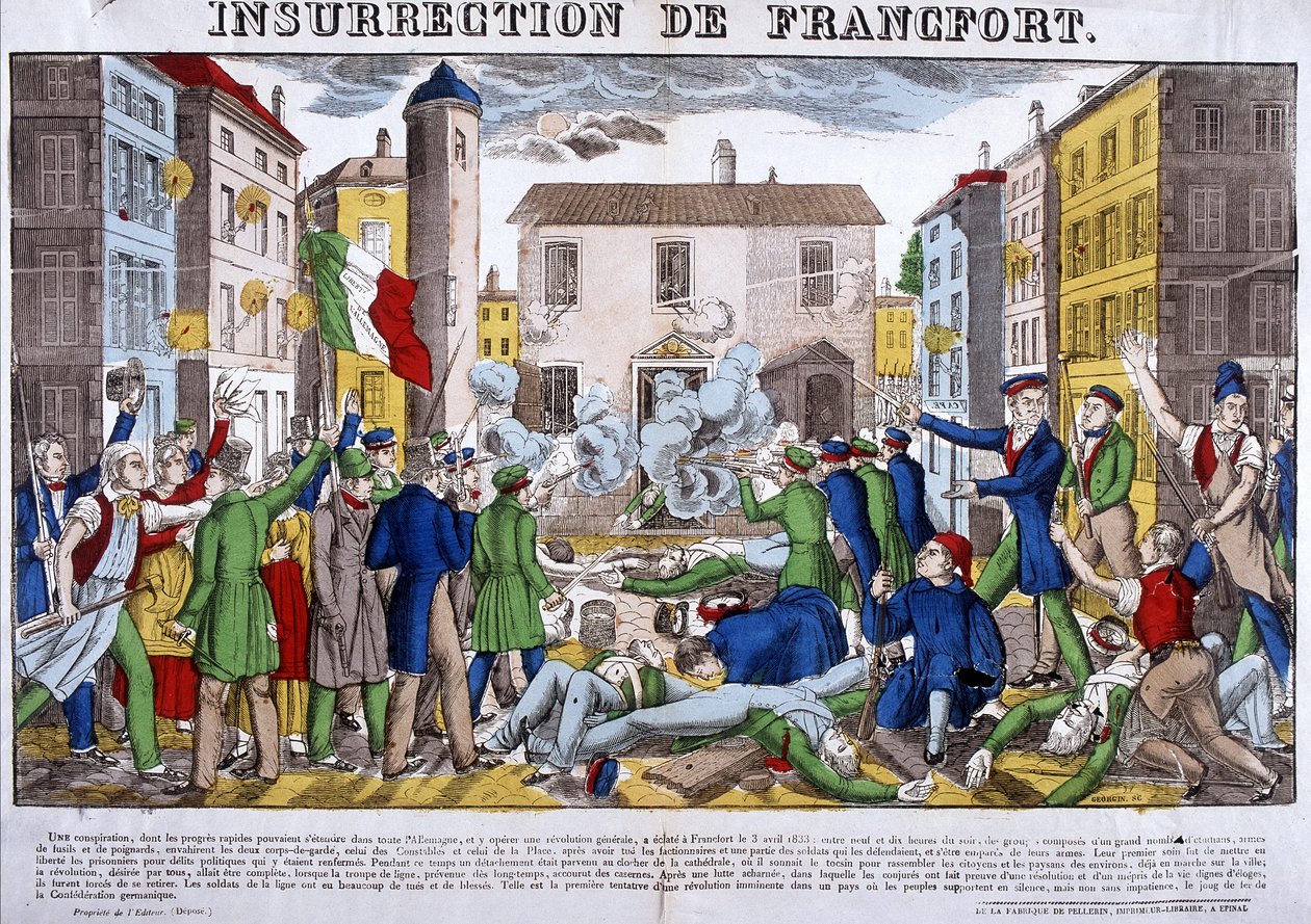 1833年4月3日法兰克福的叛乱，德国联邦的首都。埃皮纳尔的图片 作者 法语学校