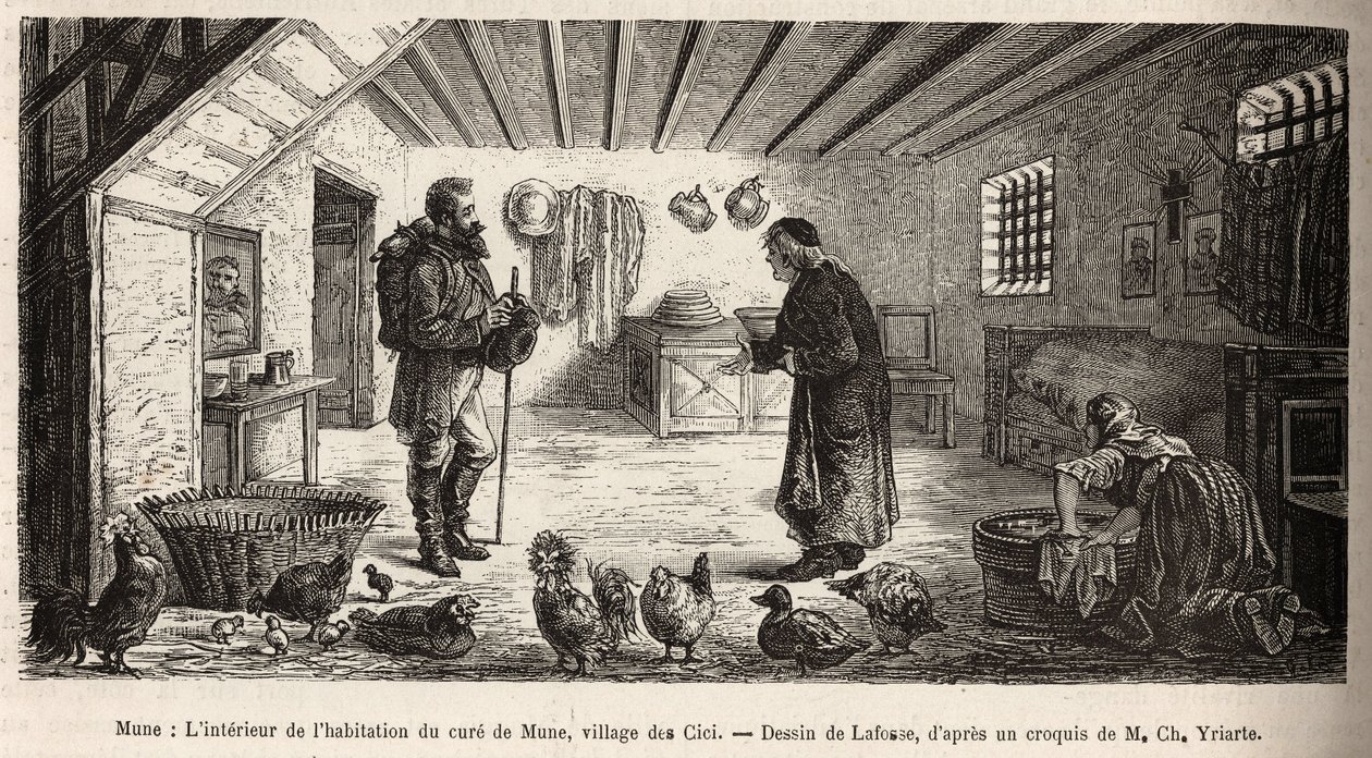 Les Cici村Mune治疗师的房子内部，叙述者在主房间里，一个女人跪在那里洗衣服，旁边是完全自由地生活在那里的家禽，根据Lafosse的插图雕刻的。 作者 法语学校