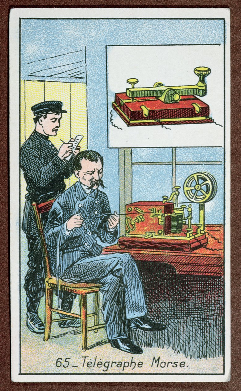 莫尔斯电码的电报发明，在一系列描绘伟大发明的卡片中的第65号，c.1910 作者 法语学校