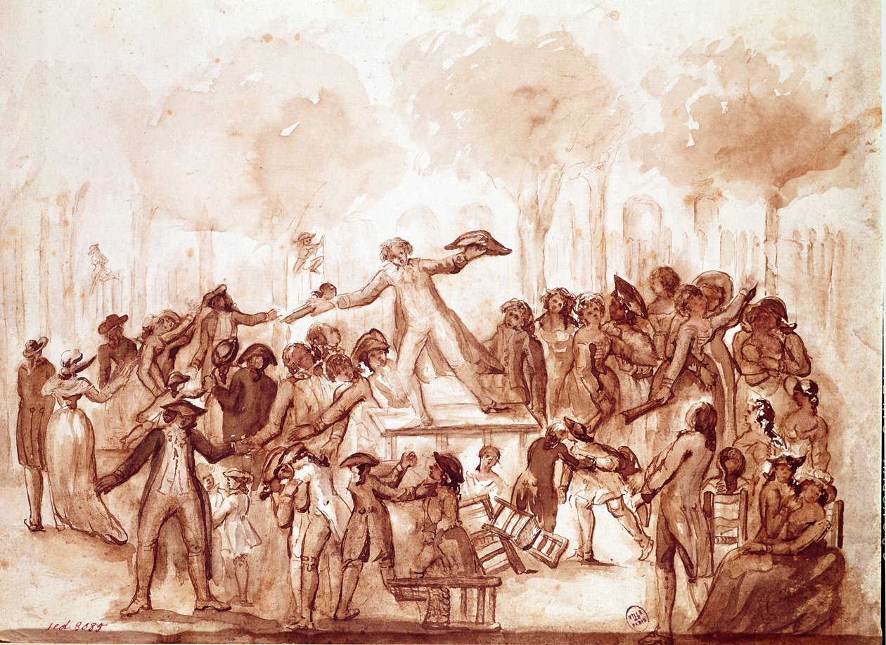 记者卡米尔·德穆兰（Camille Desmoulins，1760-1794）在皇宫花园里骚扰爱国者“”法国大革命第一幕，巴黎，7月12日 作者 法语学校
