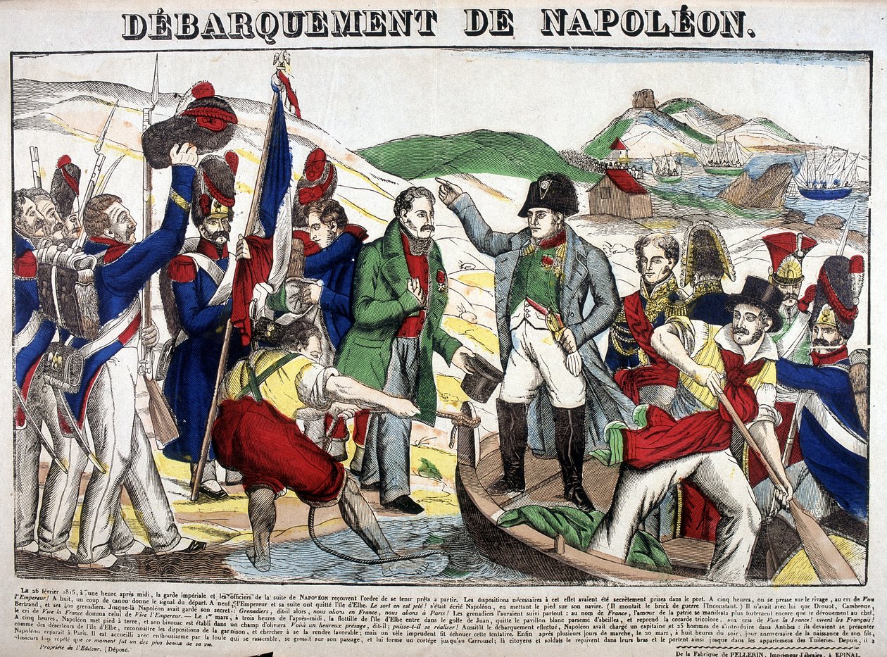 The landing in the Gulf Juan: Napoleon I returned to France on 1 March 1815 after the period of exile on the island of Elba. Picture of Epinal 作者 法语学校