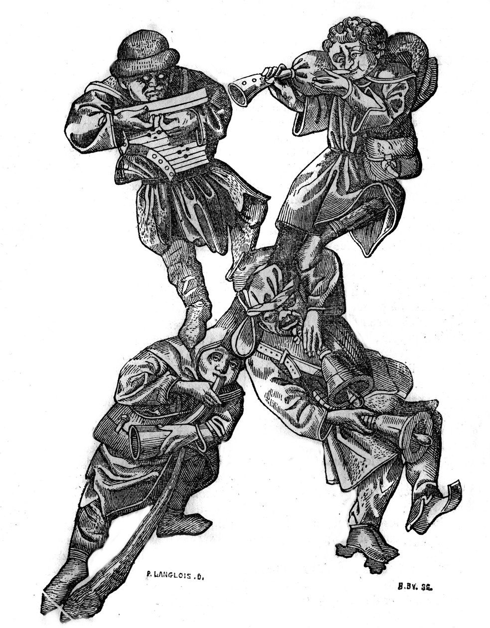 The letter X of the grotesque alphabet composed of four musical characters, made in 1466. In “” The picturesque store”” 1836 作者 法语学校