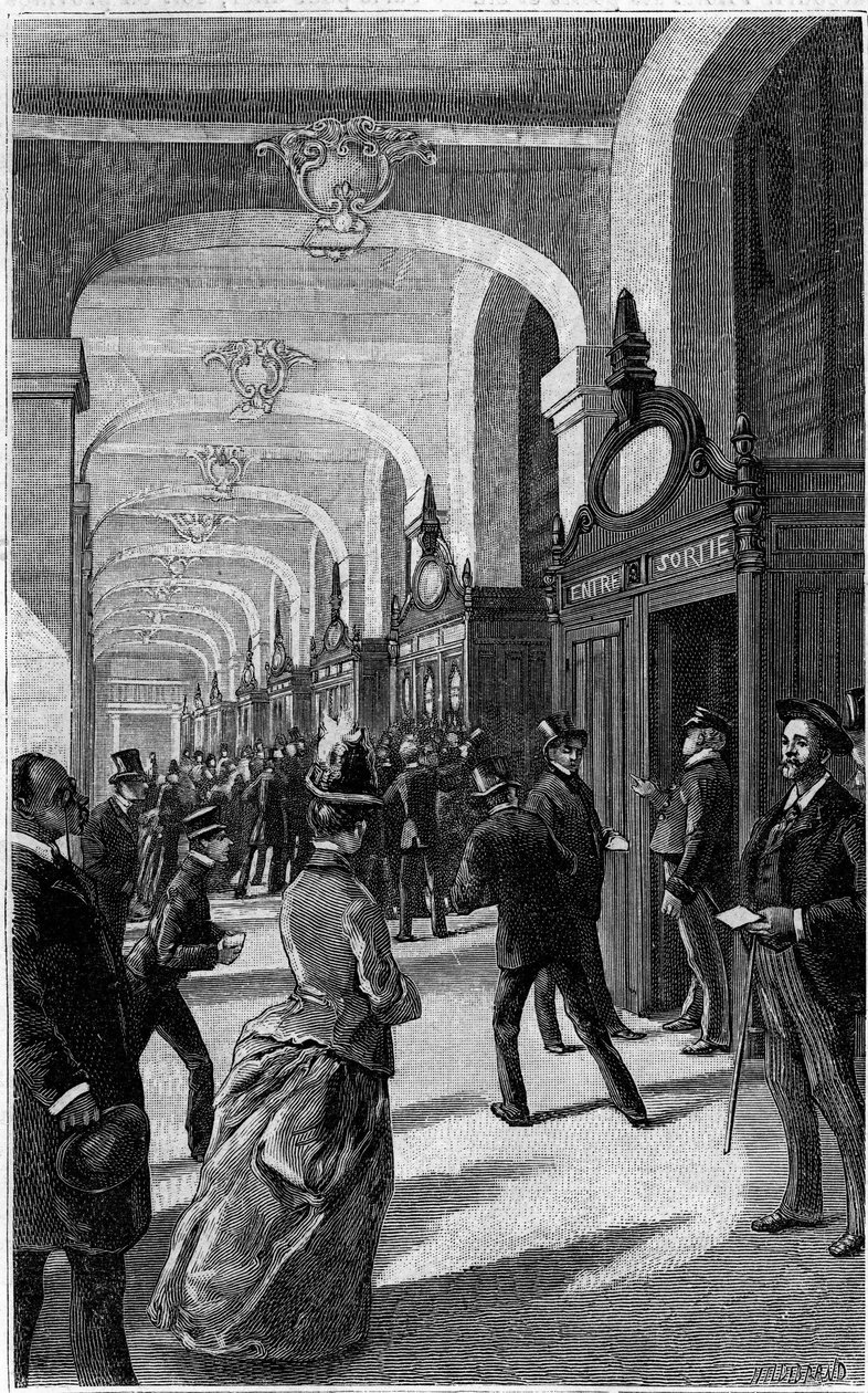 巴黎卢浮宫大街的邮政酒店的信筒画廊。报纸 "La jeunesse "上的雕版画。 作者 法语学校