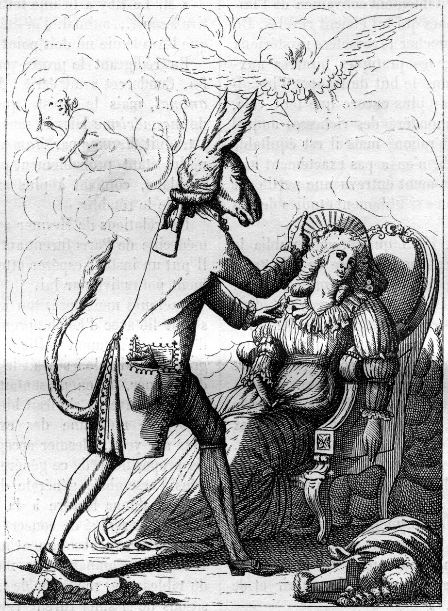 神奇的手指，一个类似于关于弗兰斯-安东-梅斯梅尔（1734-1815）的古代漫画的学院，他是德国医生，动物磁性理论或梅斯梅尔主义的创始人。雕刻于《自然》。科学与艺术应用杂志》（Revue des sciences et de ses applications aux arts et a）上的雕刻。 作者 法语学校