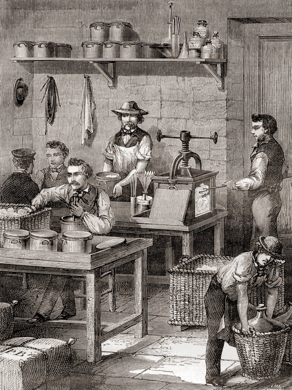 19世纪的枪棉制造，来自《科学的奇迹》，约1870年出版（雕刻）。 作者 法语学校