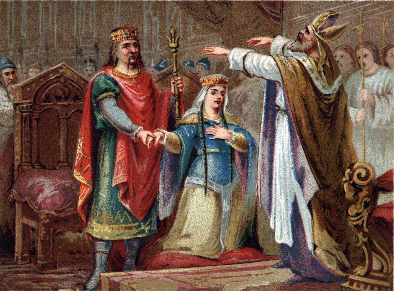 The marriage of Clovis (481-511) King of the Francs with Clothilde in 493. Chromolithography of the late 19th century. 作者 法语学校