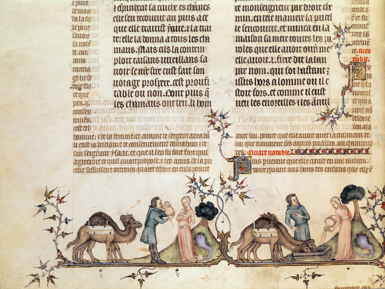 Eliezer和Rebecca在井中的会议，来自Jean de Sy的圣经，c.1355 作者 法语学校