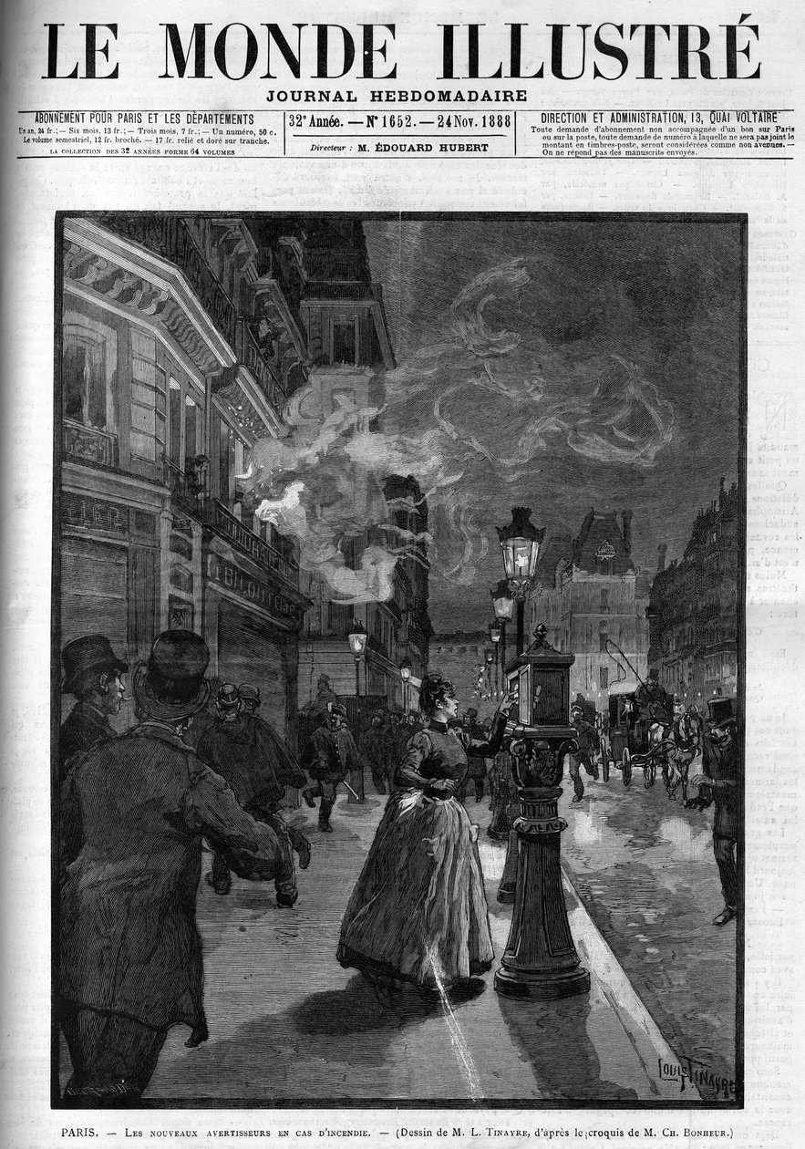 1888年巴黎的新火灾警报器。1888年《图画世界》的封面。 作者 法语学校