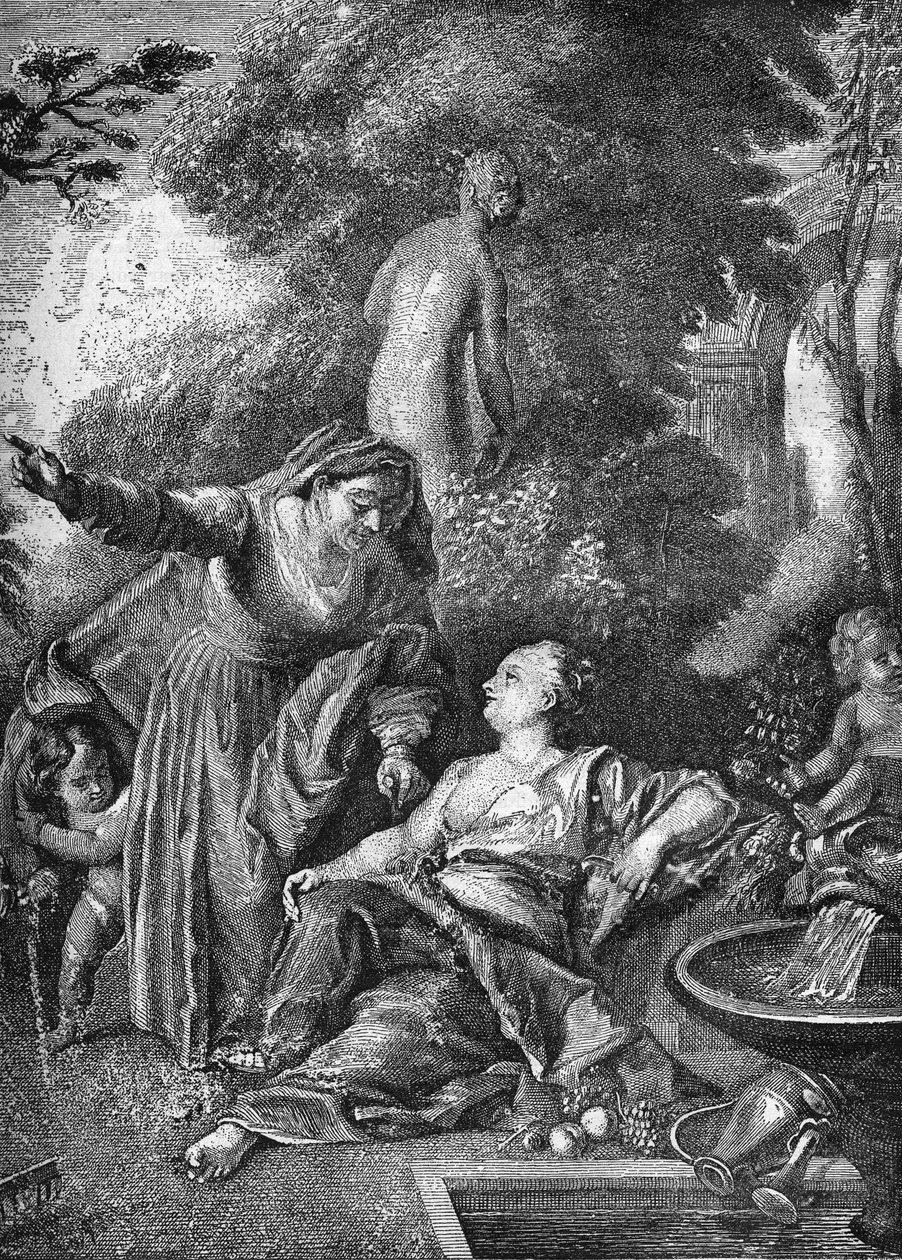 旧时的妓女变成了媒人（拉皮条）。雕刻在 "Histoire de la prostitution et de la debauche dans les peuples du globe depuis l