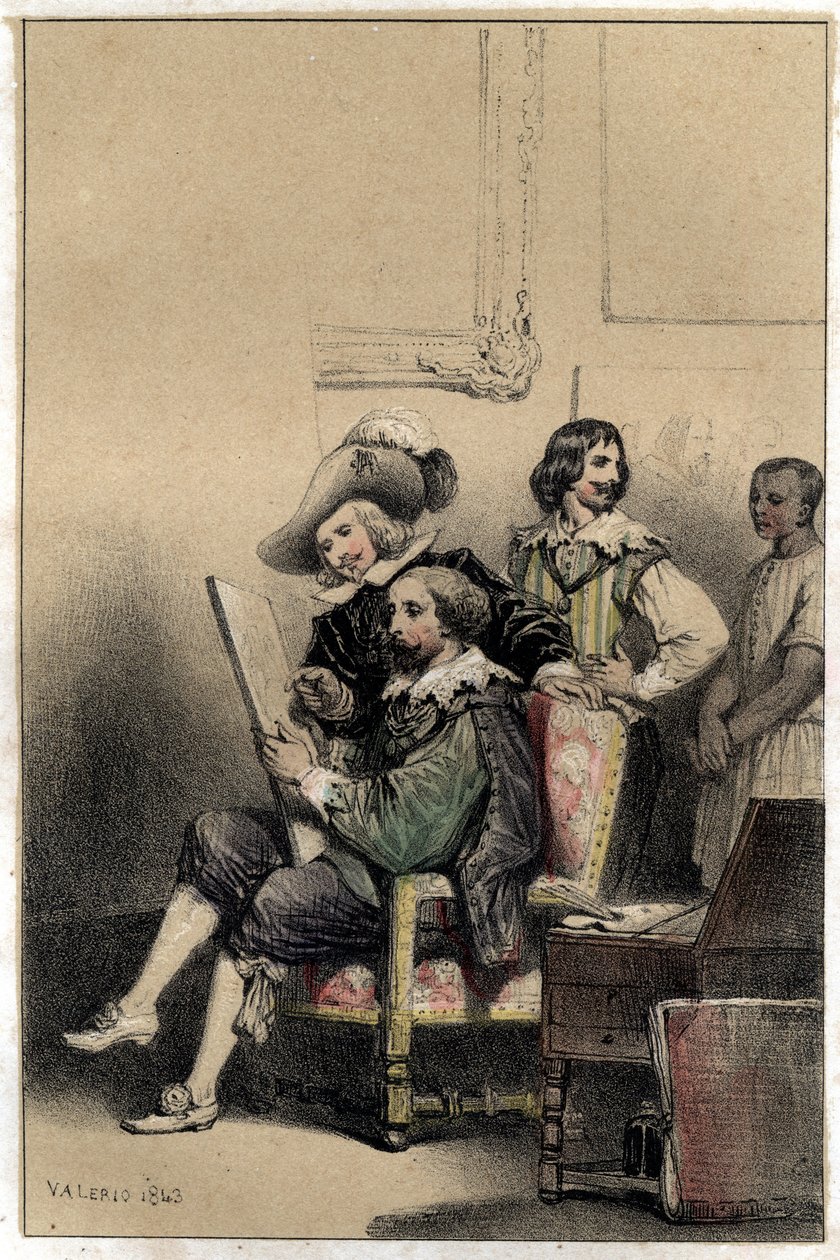 画家Diego Velasquez (1599-1660)在其工作室欢迎Pierre Paul (Pierre-Paul) Rubens (或Peter Paul或Petrus Paulus) (1577-1640)。图版取自瓦莱里奥的 "著名的人类生活场景 "双色版画。1843. 作者 法语学校
