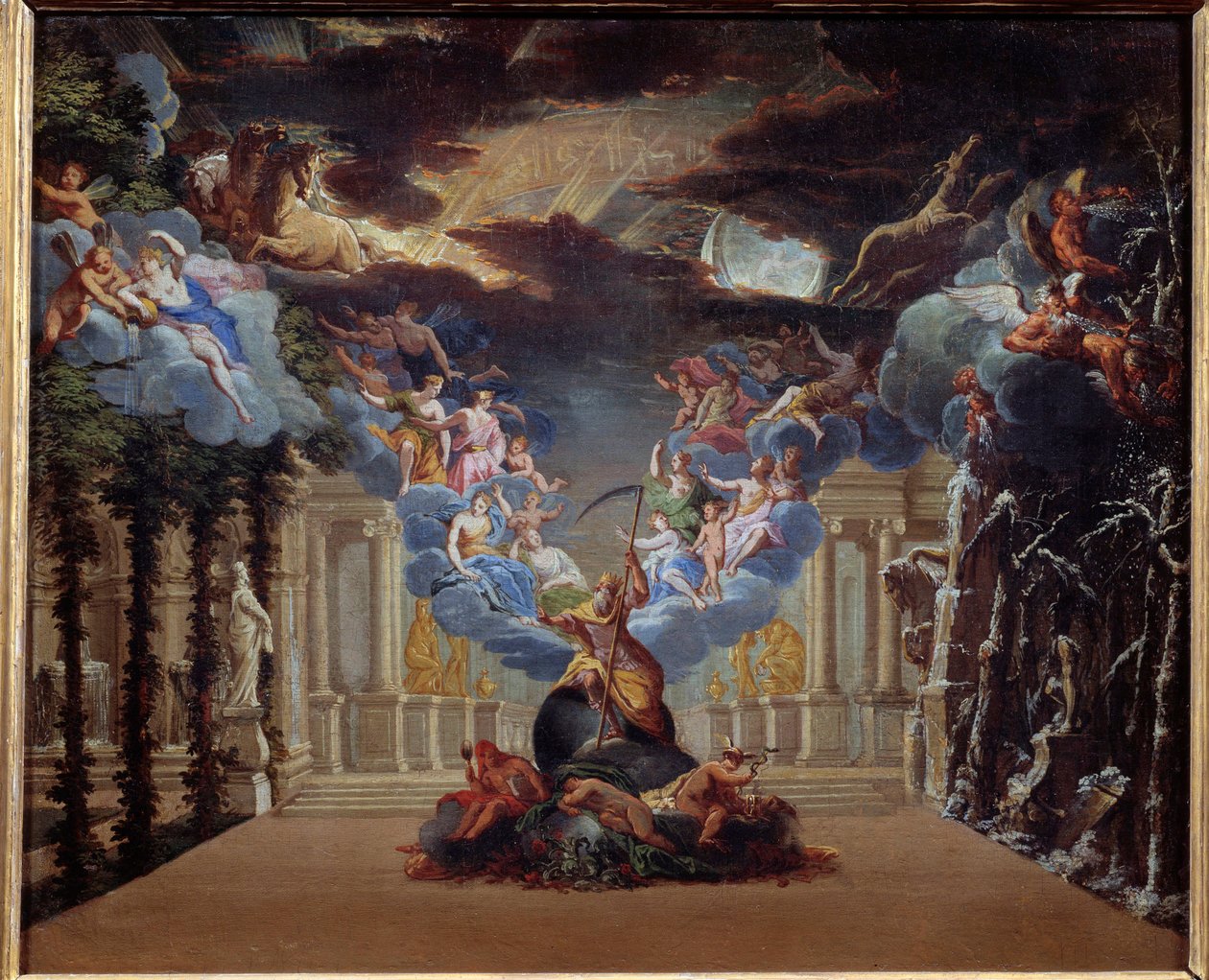 时间的宫殿，由让·巴蒂斯特·卢利 (Giovanni Battista Lulli) (1632-1687) 于 1676 年创作的“Atys”序幕的装饰，代表了水星、爱马仕等神话人物。 17 世纪法国画派的匿名绘画。 巴黎 作者 法语学校