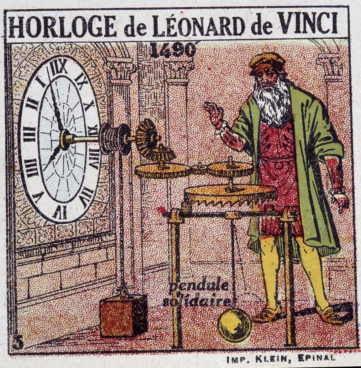 列奥纳多·达·芬奇 (Leonardo da Vinci) (1452 - 1519) 的摆钟（1490 年的钟摆） - 在 Henri Arnould 编着的“”能量”中。 Quillet，巴黎，20 世纪 作者 法语学校