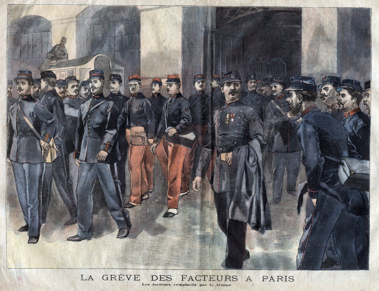 The postmen strike: soldiers and municipal guards charged with the distribution of letters in Paris. Engraving of 1899 in “” La petite Gironde”” 作者 法语学校