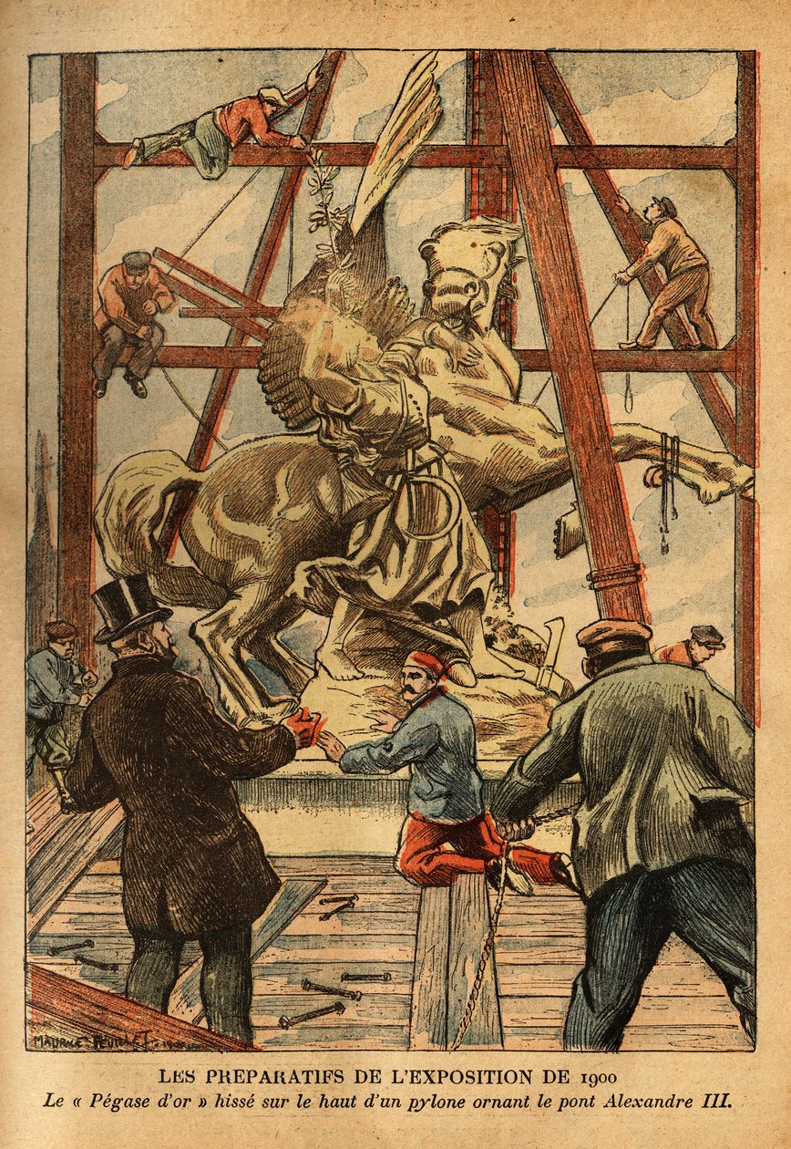 雕塑家埃马纽埃尔-弗雷米特（Emmanuel Fremiet，1824-1910 年）为筹备 1900 年的展览而创作的金色青铜雕像 "Pegase 被 Renommee 拴在缰绳上 "悬浮在亚历山大三世桥的四个桥塔之一的顶端。雕像 作者 法语学校