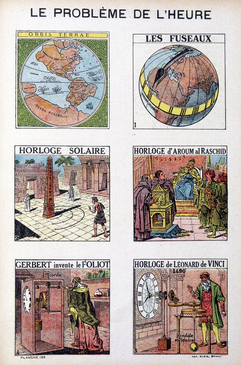 时间问题：Orbis Terrea，主轴，太阳钟，Aroum Al Racshid 的时钟，Gerbert 发明了 Foliot，Leonardo da Vinci (Leonardo da Vinci) 的时钟 - 雕刻，deb。 20世纪 作者 法语学校