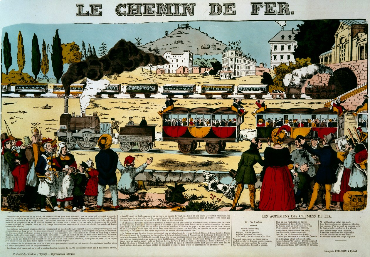 铁路。火车车厢里的旅行者受到现场观众人群的欢迎。雕版印刷。埃皮纳尔的图片 作者 法语学校