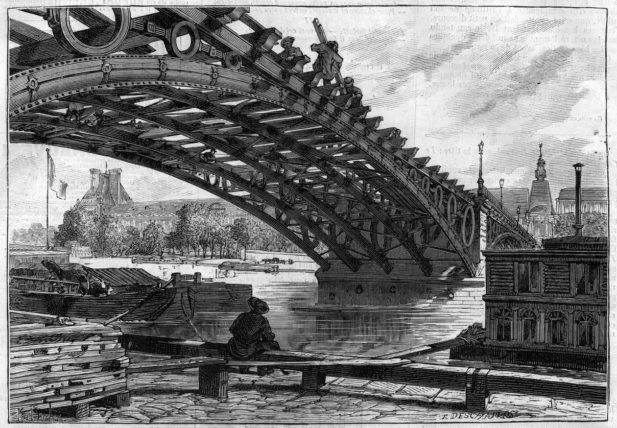 1883年圣佩雷斯桥（Pont du Carrousel）的桥面反射（圣佩雷斯）--"Le journal illustrious "中的雕刻。 作者 法语学校