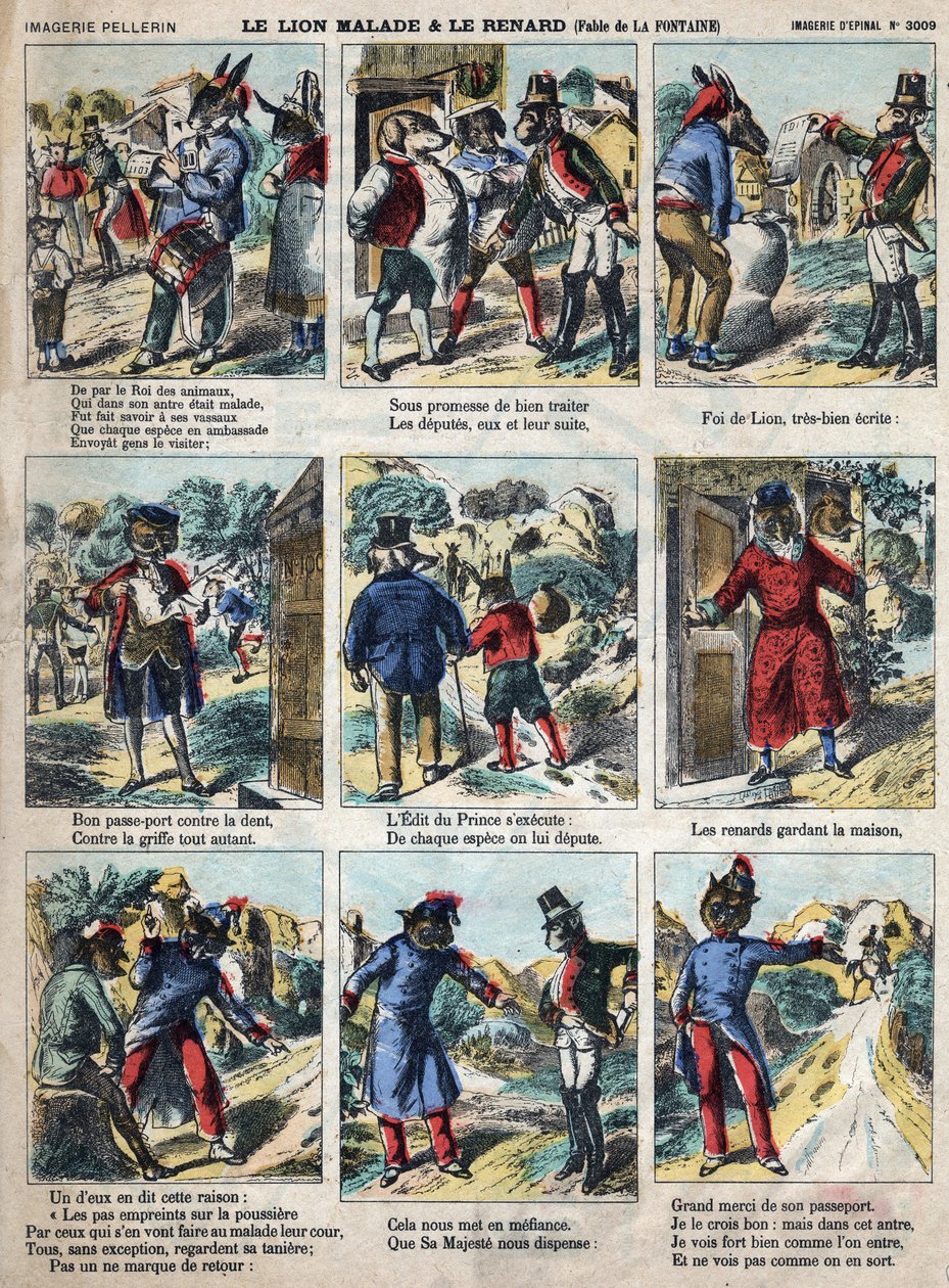 病狮与狐狸。让-德-拉封丹（1621-95）的寓言。19世纪末的埃皮纳尔成像。 作者 法语学校
