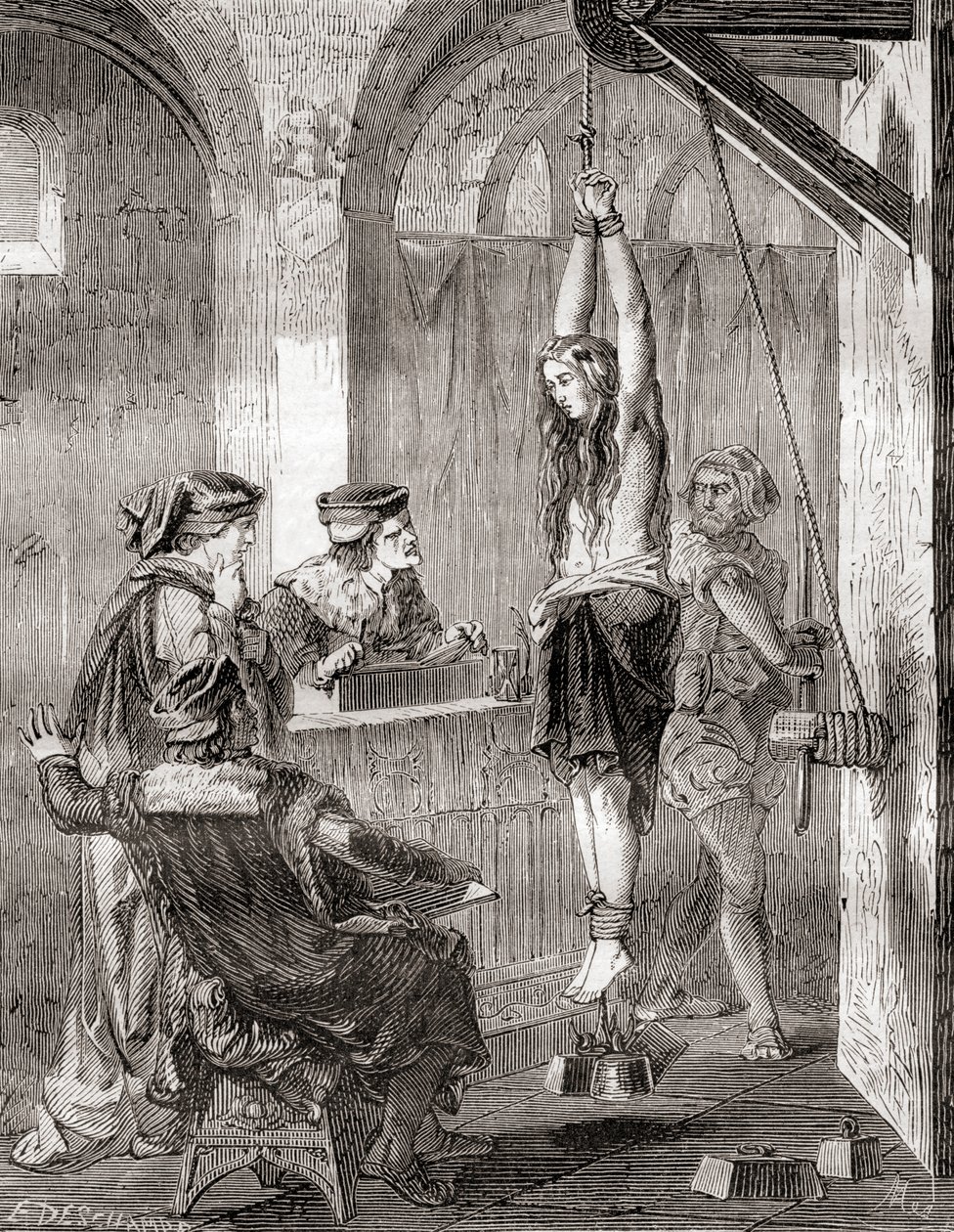 Les Merveilles de la Science 对中世纪被控施巫术的妇女的酷刑，出版于 1870 年（石版画） 作者 法语学校