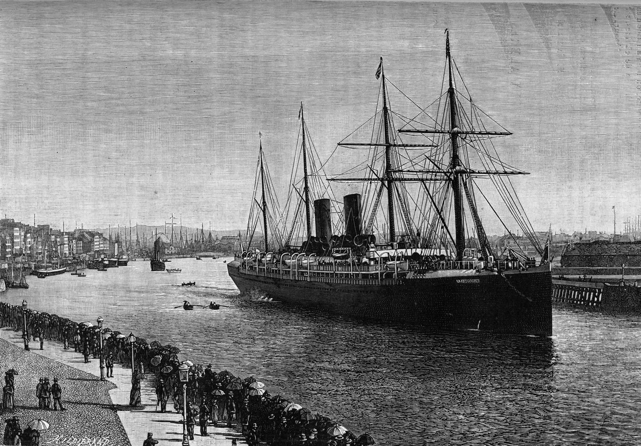 The transatlantic liner “” La Gascogne”” in the port of Le Havre in 1887. Engraving in the illustrious journal “” La jeunesse”” 作者 法语学校