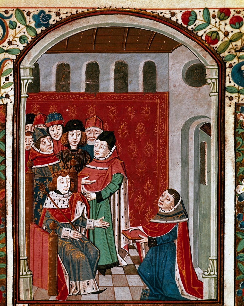 译者 John de Meung（或 Clopinel 或 Chopinel）（1240-1305）将他的作品捐赠给了美丽的菲利普四世国王（1268-1314）。 取自拉丁哲学家 Boece (Boetius) (475-520) 的“De Consolatione Philosophiae”的缩影，由 Jean d 翻译 作者 法语学校