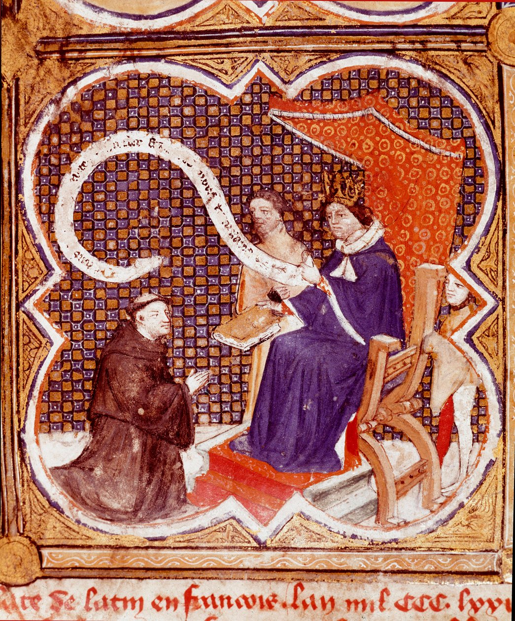 译者将他的书提供给查理五世国王 (1338-1380) 的缩影，取自英国巴泰勒米 (Barthelemy the English) 所著的“Le livre des proprietes des selecteds” (De proprietatibus rerum)，由约翰·科比雄 (John Corbichon) 翻译。 15世纪。 兰斯市图书馆 作者 法语学校