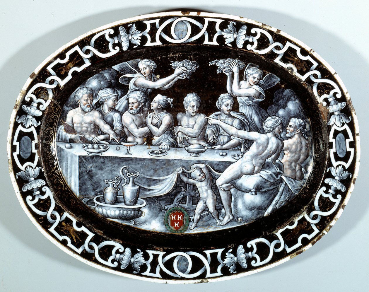 Psyche Oval Plat 的婚宴盛宴，珐琅彩绘在法国学校的铜上。 1560 巴黎，卢浮宫 作者 法语学校