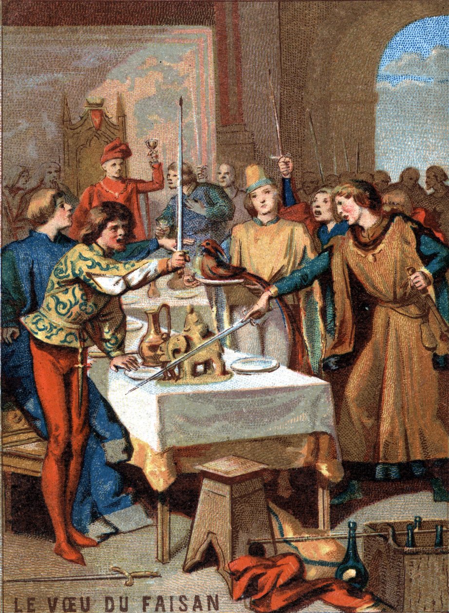 The wish of the pheasant (1454): during the feast organized by Philip III the Good, Duke of Burgundy, the guests swear on a pheasant adorned with a necklace of pearls to exterminate the Turk. Chromolithography of the Series “” Patriotic Education through I 作者 法语学校