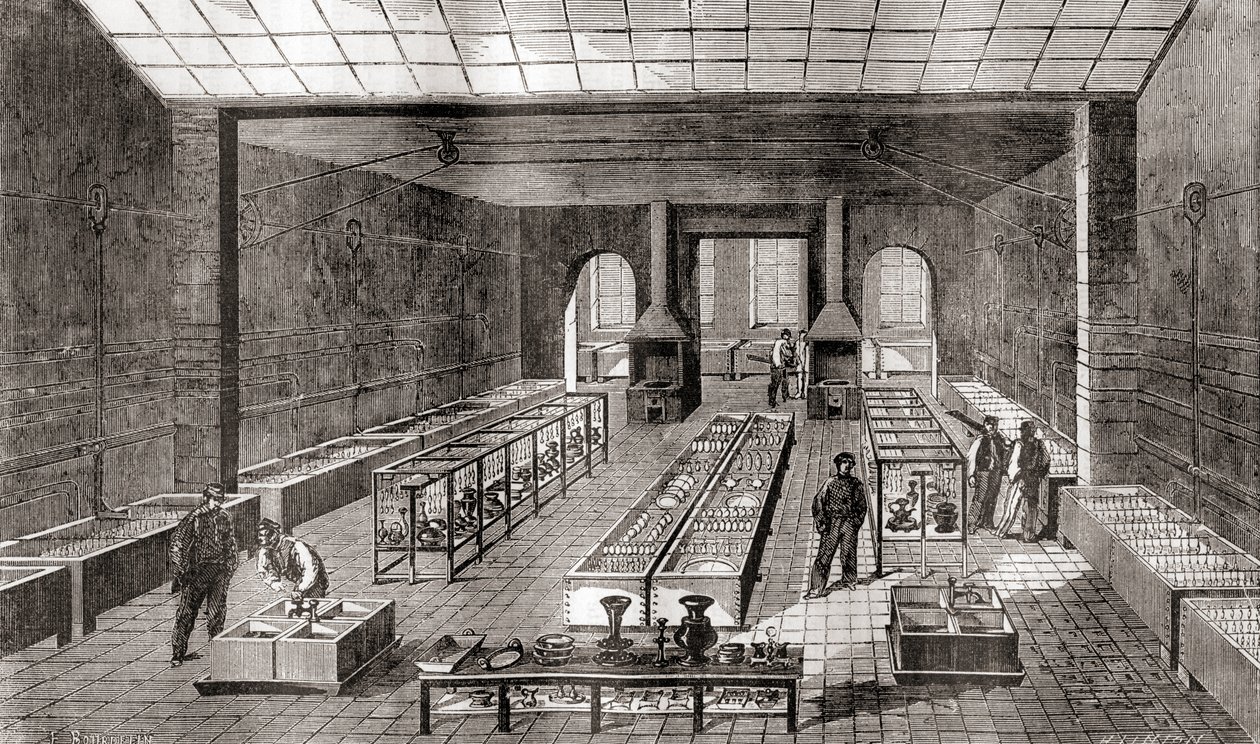 1867 年，法国巴黎查尔斯·克里斯托夫 (Charles Christofle) 电镀厂中包含化学浴的车间，来自 Les Merveilles de la Science，约 1870 年出版（版画） 作者 法语学校