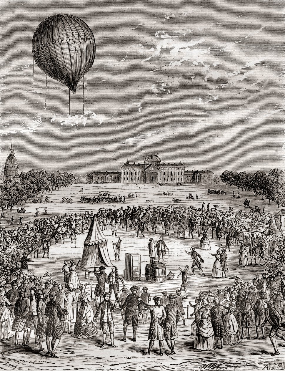 世界上第一个氢气球，于 1783 年在法国巴黎的香榭丽舍大街上空发射，来自 Les Merveilles de la Science，出版于 1870 年（雕刻） 作者 法语学校