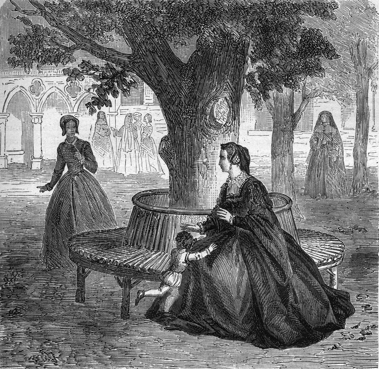 年轻的玛丽-图谢（Mary Touchet）是国王查理九世（1550-1574）的未来情妇。雕刻在 "世界各国人民从古至今的卖淫和放荡史 "中，由Th.-F.Debray著。1879. 作者 法语学校
