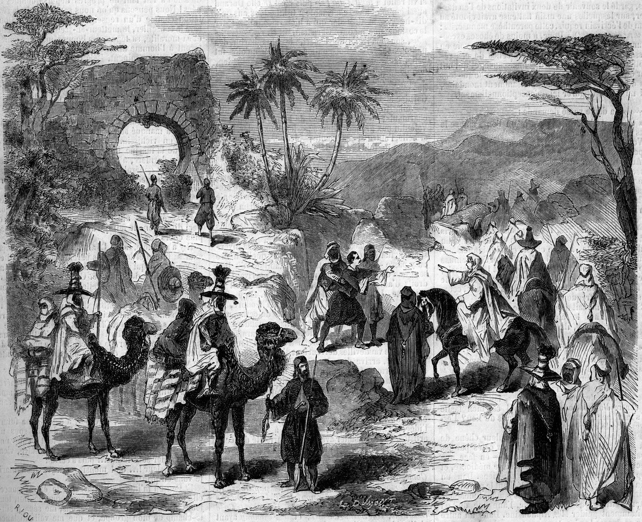 戏剧表现：大篷车，维克多-塞茹尔（1816?-1874）的《叙利亚大屠杀》第一幕的场景。巴黎，帝国马戏团剧院 作者 法语学校