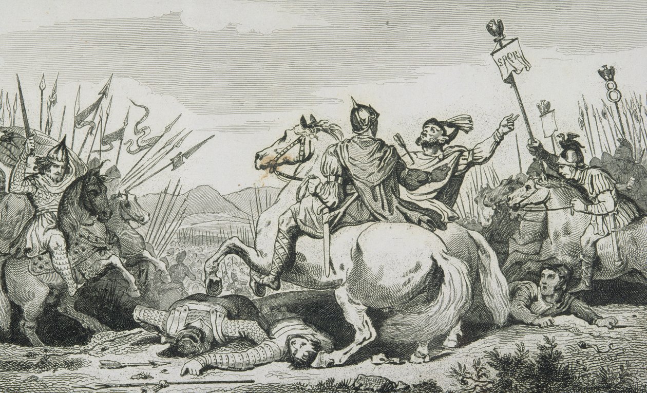 Theodoric来自Chalons附近的Attila战役，来自Colart的“Histoire de France”，出版于1840年 作者 法语学校