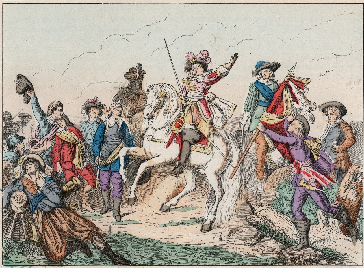 三十年战争（1618-1648）。波旁康德（Bourbon-Conde）亲王路易二世，又称大康德（1621-1686），恩吉安公爵，在对抗西班牙人的罗克罗伊（Rocroi）战役中迎接方坦伯爵的尸体，5月19日 作者 法语学校