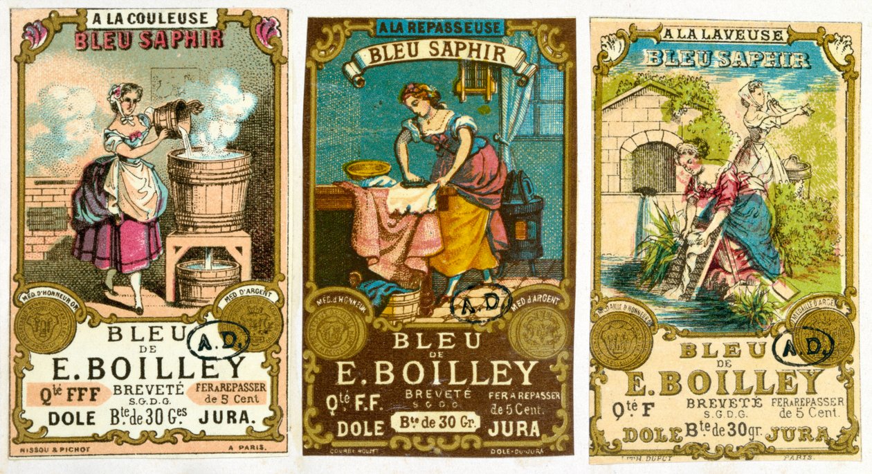 Bleu de E. Boilley品牌洗衣粉的三个标签，1878年 作者 法语学校