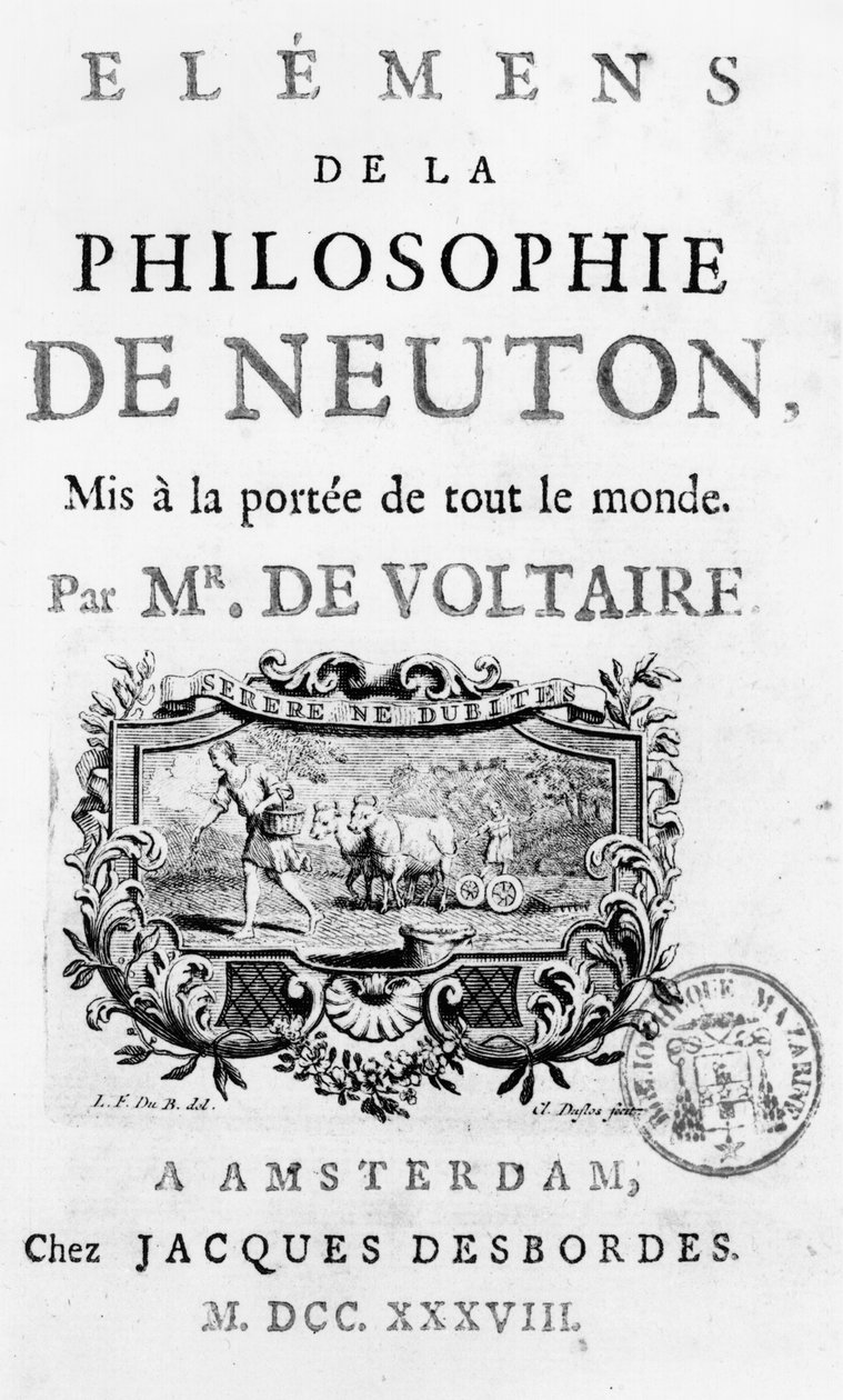 牛顿哲学元素的标题页由Francois Marie Arouet Voltaire（1694-1778）阿姆斯特丹出版，1738年出版 作者 法语学校