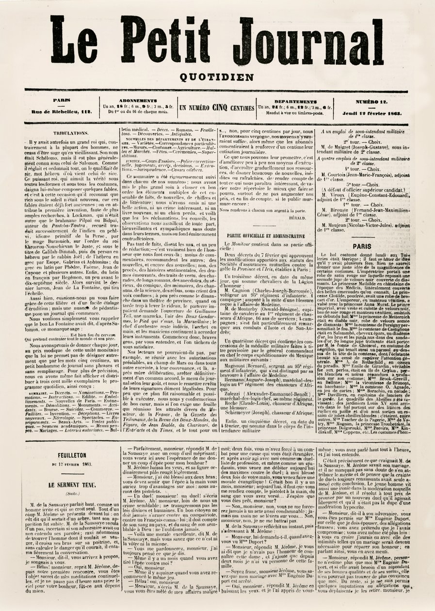 Le Petit Journal日报的标题页，1863年2月12日（打印） 作者 法语学校