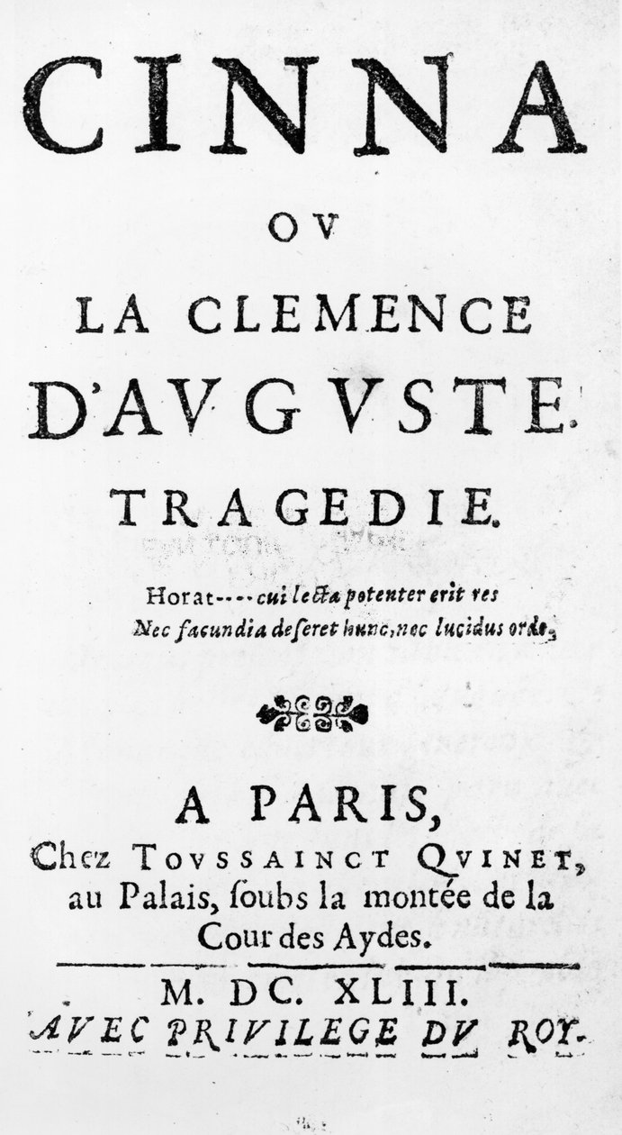 1643年出版的皮埃尔·科内尔（1606-84）的Cinna或奥古斯都的克莱门斯的标题页 作者 法语学校