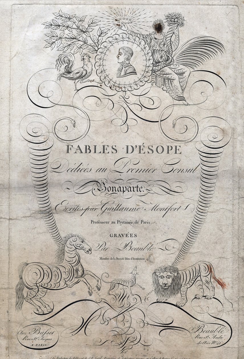 埃索普寓言 "的扉页。(希腊作家Esopo或Ecopus，公元前6世纪），献给第一任执政官波拿巴，由纪尧姆-蒙特福特撰写，Beauble在1801年对Gravees。 作者 法语学校