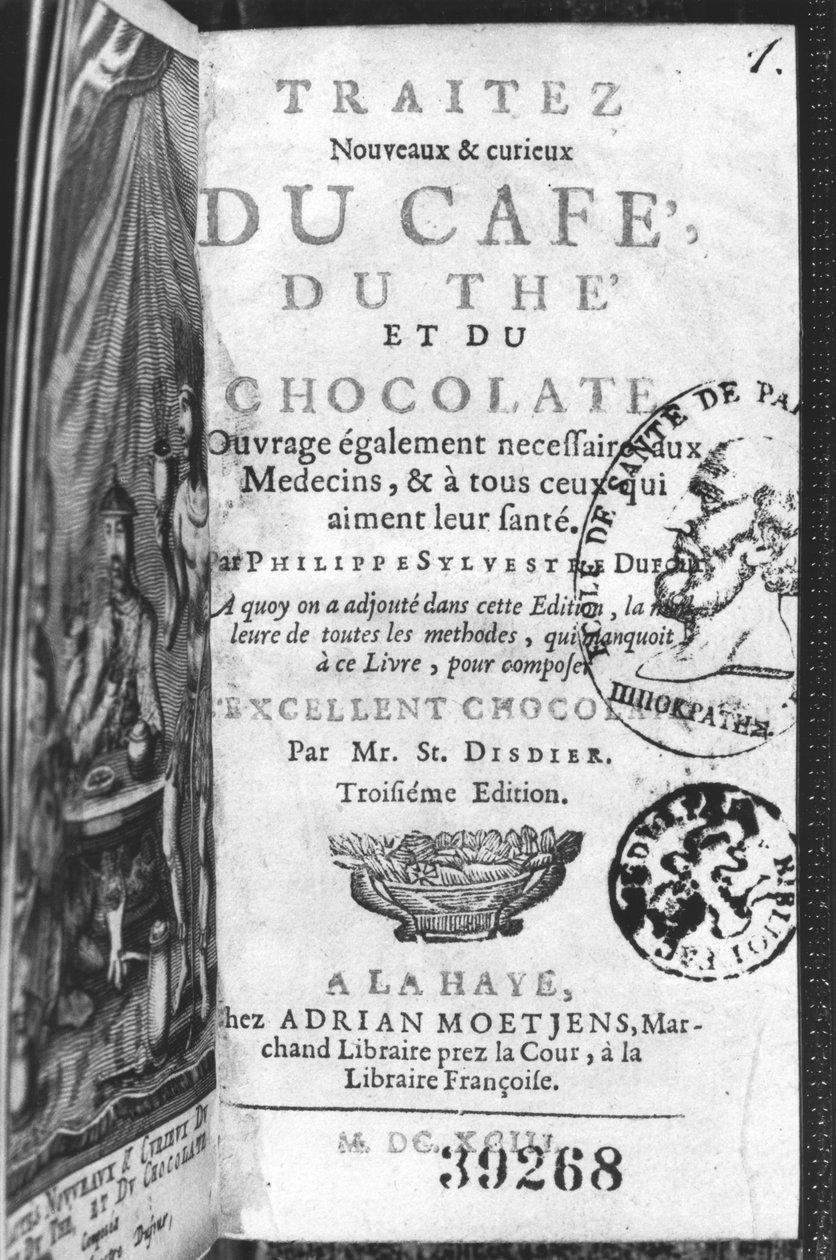 海牙的菲利普·西尔维斯特·杜福尔（Philippe Sylvestre Dufour）于1693年出版的“咖啡馆，巧克力和巧克力新奇与善待”的标题页 作者 法语学校