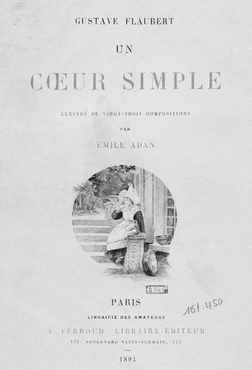 标题页A Simple Heart由Gustave Flaubert（1821-80）于1894年出版，巴黎，Bookseller出版社A. Ferroud 作者 法语学校