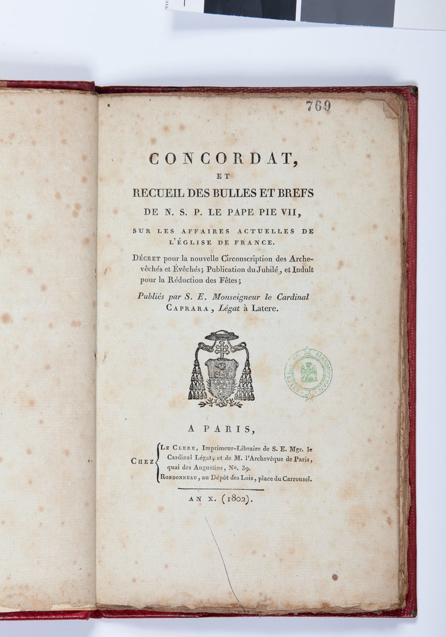 NSP Pope Pius VII的Concordat和公牛集合的标题页，由巴黎的Giovanni Battista Caprara出版，Chez Le Clers，1802年（印刷纸） 作者 法语学校